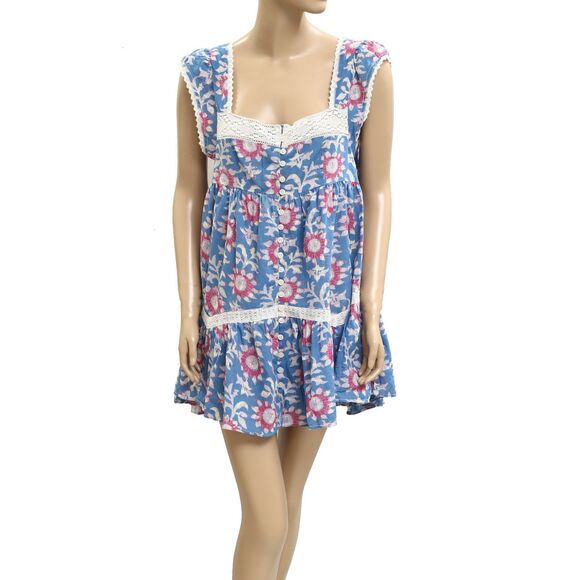 Free people Alessia Print Mini Dress Floral Flutter Sleeve Lace Cotton M 283513 - Picture 1 of 4